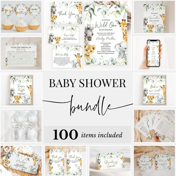 Bearbeitbar Ein kleines Wild One-Babyparty-Bundle, Safari-Dschungel-Einladungspaket, Greenery-Safaritiere-Babypartyspielepaket, BBS340