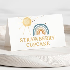Bewerkbare Sunshine Baby Shower Voedsellabel, Hier komt de zoon Baby Shower Tent Card, Boy Sonshine Boho Sunshine Douche, BBS399