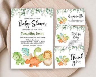 Bearbeitbare Einladungskarten für eine Dinosaurier-Babyparty, Einladung zur Babyparty mit Dinosaurier-Motiv (Grün), Babyparty für Jungen mit Dinosaurier-Motiv, Boho-Dinosaurier, BBS588