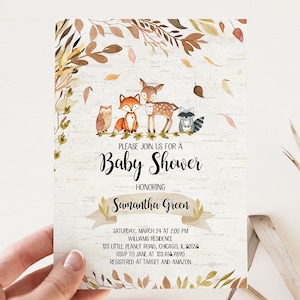 Editable Fall Woodland Baby Shower Invitation, Gender Neutral Woodland Baby Shower Invite, Rustic Woodland Animals Baby Shower, BBS095