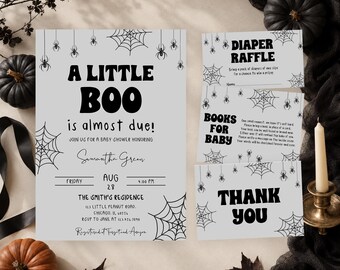 Editable Minimalist A Little Boo Baby Shower Invitation Bundle, Gender Neutral Halloween Baby Shower, Black White Halloween Invite, BBS765