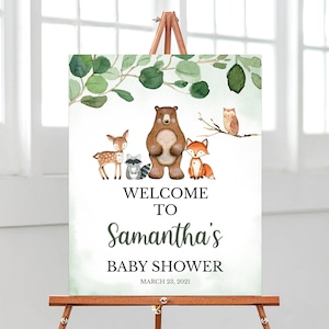 Editable Woodland Baby Shower Welcome Sign, Boy Woodland Baby Shower Welcome Poster, Woodland Animals Baby Shower, Greenery Woodland, BBS244