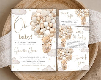 May include: A baby shower invitation set featuring a teddy bear in a hot air balloon made of cream and gold balloons. The text includes Oh baby!, Samantha Green, diaper raffle, books for baby, and thank you, with cloud and star accents.