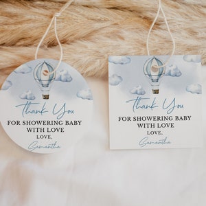Bearbeitbares Abenteuer erwartet Babyparty Favor Tag, Blau Heißluftballon Dusche Dankeschön Tag, Boy Adventure erwartet Party Favors, BBS317