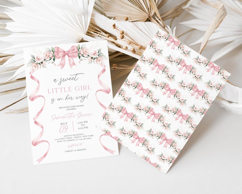May include: A pink and white baby shower invitation featuring a floral garland and pink ribbon. The text reads "a sweet little girl is on her way!" and includes the date and time of the event. The invitation is for Samantha Green.