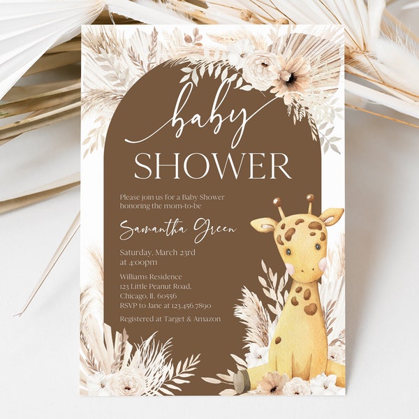 Editable Boho Giraffe Baby Shower Invitation, Pampas Grass Giraffe Baby Shower Invite, Gender Neutral Giraffe Shower Invitation, BBS716