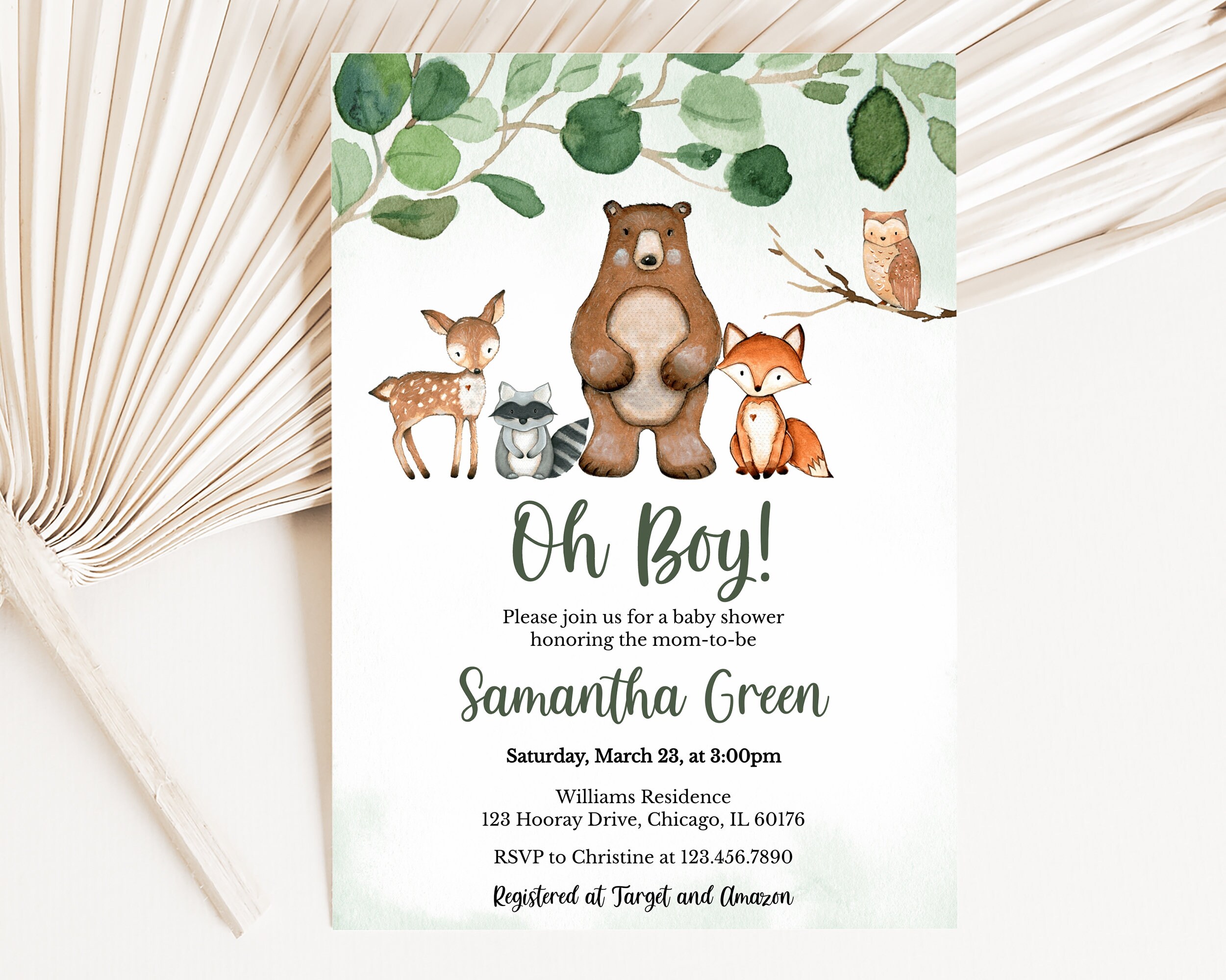 Bearbeitbare Wald Babypartyeinladung, Junge Wald Babypartyeinladung, Waldtiere Babypartyeinladung, Greenery Woodland, BBS244