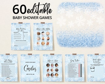 Bewerkbare blauwe een kleine sneeuwvlok baby shower spelbundel, jongen winter baby shower game pack, blauwe sneeuwvlok winter baby shower games, BBS525