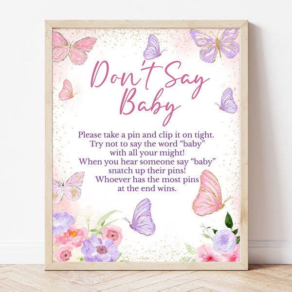 Don't Say Baby Game Pink Purple Butterfly Baby Shower, Baby Butterfly Floral Shower Don't Say Baby Sign, Pink Gold Butterfly Decor,BBS627