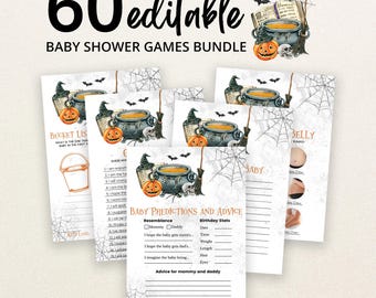 May include: A bundle of 60 editable baby shower game cards featuring a Halloween theme with illustrations of a cauldron, a pumpkin, a skull, a broom, and spiderwebs. The text includes titles like Baby Predictions and Advice and Bucket List.