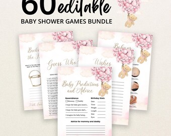 May include: A bundle of 60 editable baby shower game cards featuring a teddy bear holding a cluster of pink balloons. The cards include titles like Guess Who, Wishes, and Baby Predictions and Advice, with soft pink cloud illustrations.