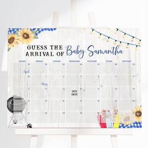 Editable Boy BBQ Baby Shower Guess Baby&#39;s Arrival, Backyard Baby Shower Due Date Calendar, Baby-q Baby Shower, Coed BBQ Baby Shower, BBS408