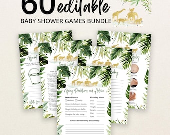 May include: A bundle of 60 editable baby shower game cards featuring a tropical green leaf pattern and gold safari animal illustrations. The cards include titles like Baby Predictions and Advice, Guess Who, and Bucket, with blank lines for writing.