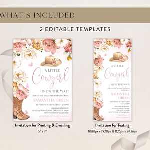 May include: Two printable baby shower invitations with a pink and white floral design. The text on the invitations reads "A Little Cowgirl is on the Way!" and includes the name Samantha Green. The invitations are available in two sizes: 5" x 7" and 1080px x 1920px & 1125px x 2436px.