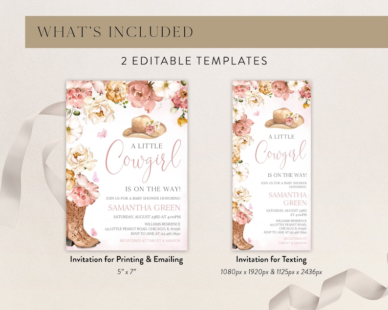 May include: Two printable baby shower invitations with a pink and white floral design. The text on the invitations reads "A Little Cowgirl is on the Way!" and includes the name Samantha Green. The invitations are available in two sizes: 5" x 7" and 1080px x 1920px & 1125px x 2436px.