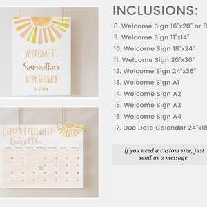 Puede incluir: Se muestran dos letreros de baby shower. El letrero superior dice "Bienvenida a la fiesta de bienvenida de Samantha" con un gr&aacute;fico de sol. El letrero inferior es un calendario que dice "Adivina la llegada del beb&eacute; Chloe".