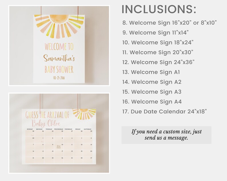 Puede incluir: Se muestran dos letreros de baby shower. El letrero superior dice "Bienvenida a la fiesta de bienvenida de Samantha" con un gr&aacute;fico de sol. El letrero inferior es un calendario que dice "Adivina la llegada del beb&eacute; Chloe".