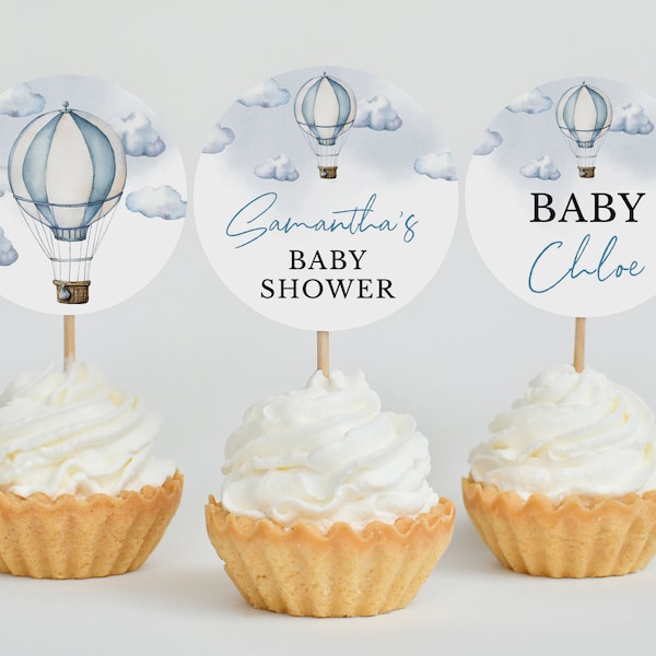 Editable Adventure Awaits Baby Shower Cupcake Topper, Blue Hot Air Balloon Shower Cake Topper, Boy Adventure Awaits Decor, BBS317