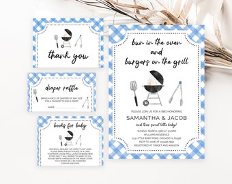 Bearbeitbare Grill-Babyparty-Einladung, Hinterhof-Babypartyeinladung, Blaues Baby-q-Duscheeinladungspaket, Brötchen im Ofen und Burger-Grill,BBS395