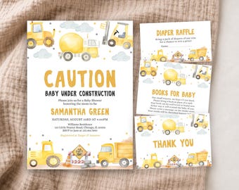 Editable Baby Under Construction Baby Shower Invitation Bundle, Modern Construction Invite, Dump Trucks Excavator Shower Invite, BBS1021