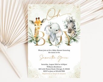 May include: A baby shower invitation with a gold "Oh Boy" graphic featuring a giraffe, elephant, and zebra. The invitation includes the text "Please join us for a Baby Shower honoring the mom-to-be Samantha Green" and details for the event.