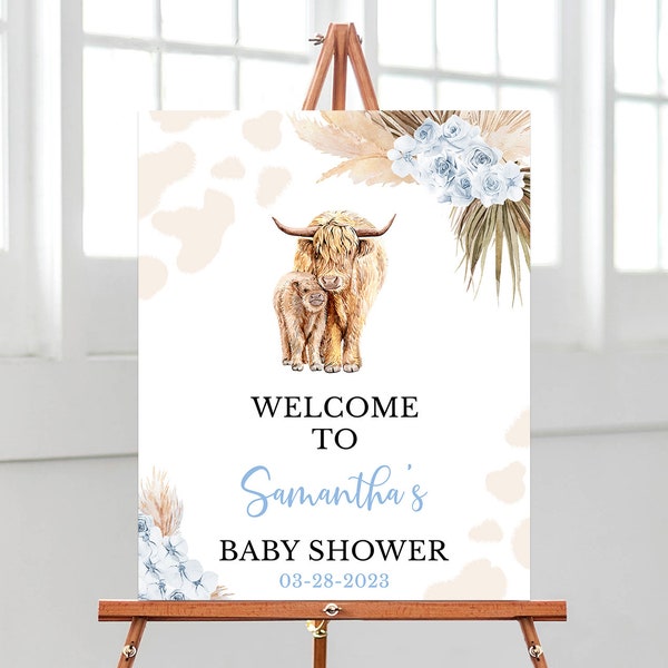 Editable Holy Cow Baby Shower Welcome Sign, Boy Highland Cow Baby Shower Poster, Blue Boho Highland Cow Decoration, Pampas Grass BBS396