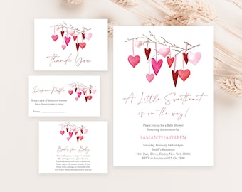 May include: A pink and red watercolor illustration of a branch with hanging hearts. The text "A Little Sweetheart is on the way!" is written below the illustration. The text "Please join us for a Baby Shower honoring the mom-to-be SAMANTHA GREEN Saturday, February 14th at 4pm Smith's Residence 1104 Party Drive, Trinity, New York 10006 RSVP to Sabrina at 123.456.7890" is written below the illustration.