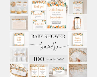 Paquete editable para baby shower "Lindos", paquete de invitaciones naranjas para baby shower, juegos para baby shower con cítricos en naranja neutro, paquete cítrico, BBS250