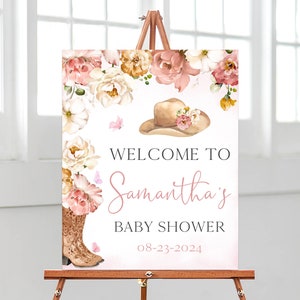 Bearbeitbar Ein kleines Cowgirl-Babyparty-Willkommensschild, Wild West-Babyparty-Poster, rosa Blumen Cowboy-Duschedekor, Rodeo Baby, BBS710