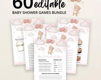 May include: A bundle of 60 editable baby shower game cards featuring a teddy bear floating with pink and tan balloons among clouds and stars. The cards include text such as Baby Predictions and Advice, with lines for writing, all set against a soft pink background.