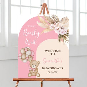 Letrero de bienvenida para baby shower editable "Podemos esperar mucho", póster para baby shower con globos y osos, juegos de baby shower con osos estilo boho, decoraciones para baby shower con osos, BBS406