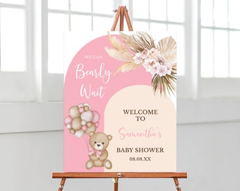 Editable We Can Bearly Wait Baby Shower Welcome Sign, Balloon Bear Baby Shower Poster, Boho Bear Baby Shower Games, Girl Bear Decors, BBS406