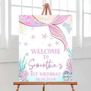 Bearbeitbares Mermaid Birthday Willkommensschild, Mermaid Bash unter dem Meer-Geburtstagsposter, Sprinkle, Pink, Lila, Gold Mermaid Birthday, BRT081