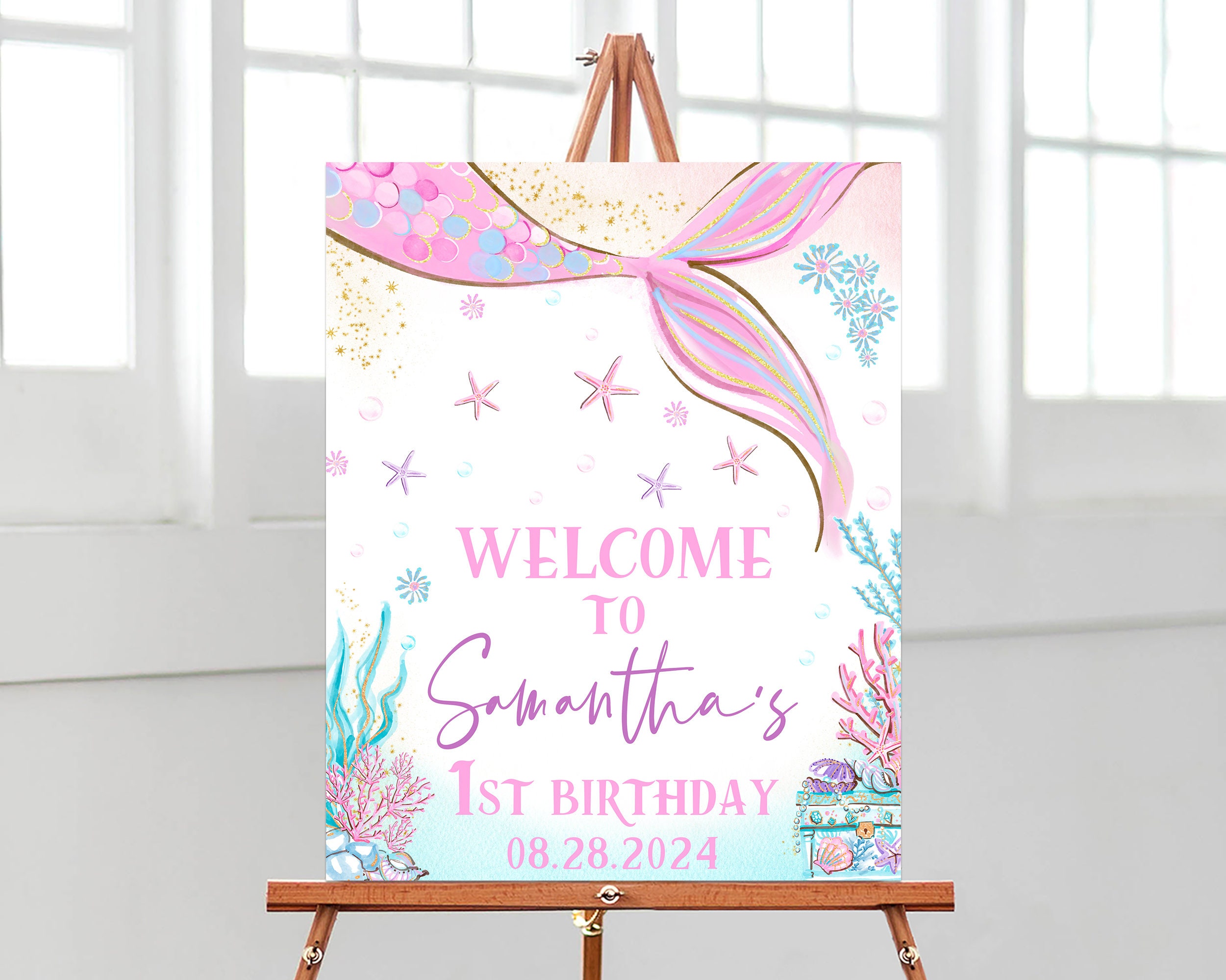 Editable Mermaid Birthday Welcome Sign, Mermaid Bash Under the Sea Birthday Poster, Sprinkle, Pink, Purple, Gold Mermaid Birthday, BRT081