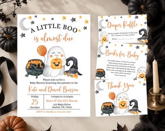 Editable A Little Boo Baby Shower Invitation Bundle, Gender Neutral Halloween Baby Shower Invite, Ghost Halloween Baby Shower Invite, BBS327
