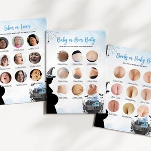 May include: Three printable Halloween-themed baby shower game cards with blue and white backgrounds. The cards feature a witch silhouette, a cauldron, and bats. The games are "Labor or Lovin", "Baby or Beer Belly", and "Boobs or Baby Butt".
