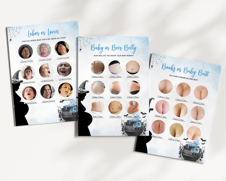 May include: Three printable Halloween-themed baby shower game cards with blue and white backgrounds. The cards feature a witch silhouette, a cauldron, and bats. The games are "Labor or Lovin", "Baby or Beer Belly", and "Boobs or Baby Butt".