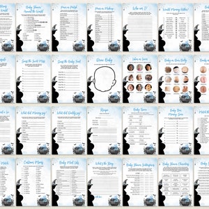 May include: A set of 20 printable baby shower game cards featuring a witch and cauldron theme. The cards are decorated with blue and white colors and have a spooky Halloween feel. The games include "Baby Trivia Around the World", "Guess the Sweet Treat", "Guess the Baby Food", "Draw Baby", "Who am I?", "Would Mommy Rather", "Baby Traits", "Time Capsule", "Two Truths and a Lie", "What Did Mommy Say", "What Did Daddy Say", "Recipe", "Baby Shower Trivia", "Baby Bin Mommy Game", "Match the Candy Bar", "Baby Word Match", "Custom Mums", "Baby Mad Libs", "What's the Story", "Baby Shower Superlatives", "Baby Shower Charades", and "Baby Shower Truth".