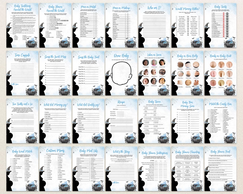 May include: A set of 20 printable baby shower game cards featuring a witch and cauldron theme. The cards are decorated with blue and white colors and have a spooky Halloween feel. The games include "Baby Trivia Around the World", "Guess the Sweet Treat", "Guess the Baby Food", "Draw Baby", "Who am I?", "Would Mommy Rather", "Baby Traits", "Time Capsule", "Two Truths and a Lie", "What Did Mommy Say", "What Did Daddy Say", "Recipe", "Baby Shower Trivia", "Baby Bin Mommy Game", "Match the Candy Bar", "Baby Word Match", "Custom Mums", "Baby Mad Libs", "What's the Story", "Baby Shower Superlatives", "Baby Shower Charades", and "Baby Shower Truth".