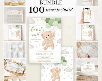 May include: A baby shower bundle featuring 100 items including invitations, signs, tags, and cupcake toppers. The design displays a light brown teddy bear holding green balloons, surrounded by clouds and stars, with the text We can bearly wait.
