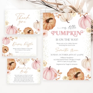 Redigerbar liten pumpa-babyshowerinbjudan för flicka, babyshowerinbjudan med rosa blommig pumpa, vit rosa orange pumpa-inbjudan, BBS920