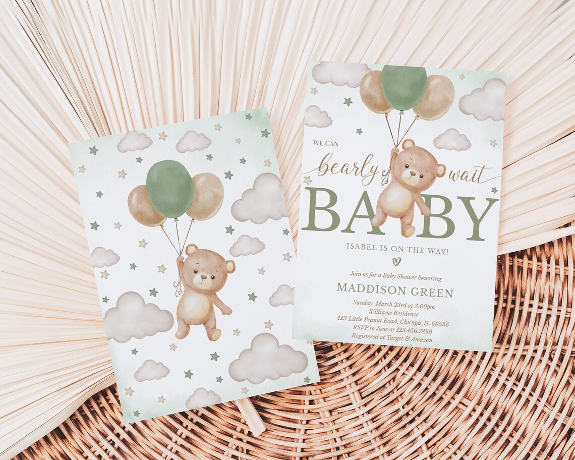 Editable Green Bear Balloon Baby Shower Invitation, We Can Bearly Wait ...