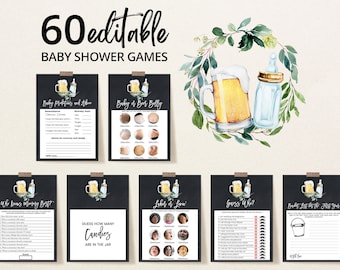 Editable Un bebé está preparando paquete de juegos de pizarra para baby shower, baby shower mixto, paquete de juegos de cerveza y botella, ducha en el patio trasero, BBS130