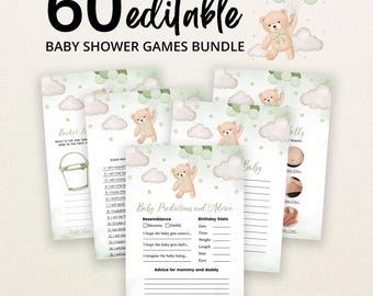 May include: A bundle of 60 editable baby shower game cards featuring a watercolor teddy bear holding green balloons and clouds. The cards include text such as Baby Predictions and Advice, Bucket List, and Guess Who, with a soft green and beige color palette.
