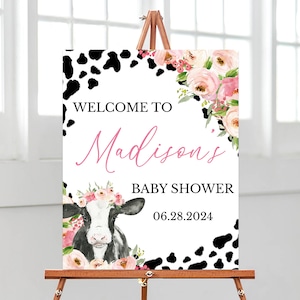Editable Holy Cow Baby Shower Welcome Sign, Girl Highland Cow Baby Shower Poster, Pink Floral Highland Cow Shower Decor, BBS735