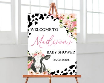 Redigerbar välkomstskylt för babyshower med helig ko, babyshoweraffisch med flicka, rosa blommig höglandsko-duschdekor, BBS735