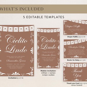 May include: A set of five editable baby shower templates in a brown color scheme with white text and decorative papel picado banners. The collection includes an invitation, a mobile invitation, a diaper raffle card, a books for baby card, and a thank you card.