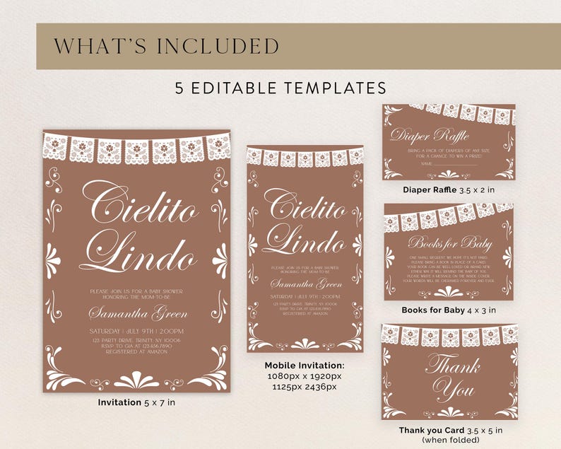 May include: A set of five editable baby shower templates in a brown color scheme with white text and decorative papel picado banners. The collection includes an invitation, a mobile invitation, a diaper raffle card, a books for baby card, and a thank you card.