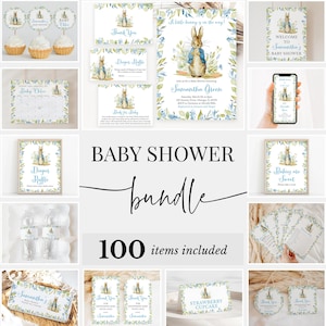 Pacchetto modificabile per baby shower Peter Rabbit, pacchetto di inviti per baby shower Peter Rabbit blu, giochi per baby shower Peter Rabbit per bambini, Peter Rabbit BBS298