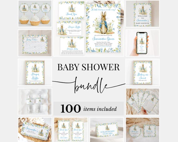 Editable Peter Rabbit Baby Shower Bundle, Blue Peter Rabbit Baby Shower Invitation Pack, Boy Peter Rabbit Shower Games, Peter Rabbit BBS298